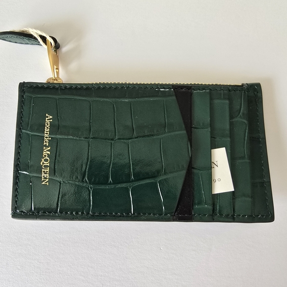 Alexander McQueen Croc-Embossed Leather Skull Card Holder Green Gold - Picture 2 of 7